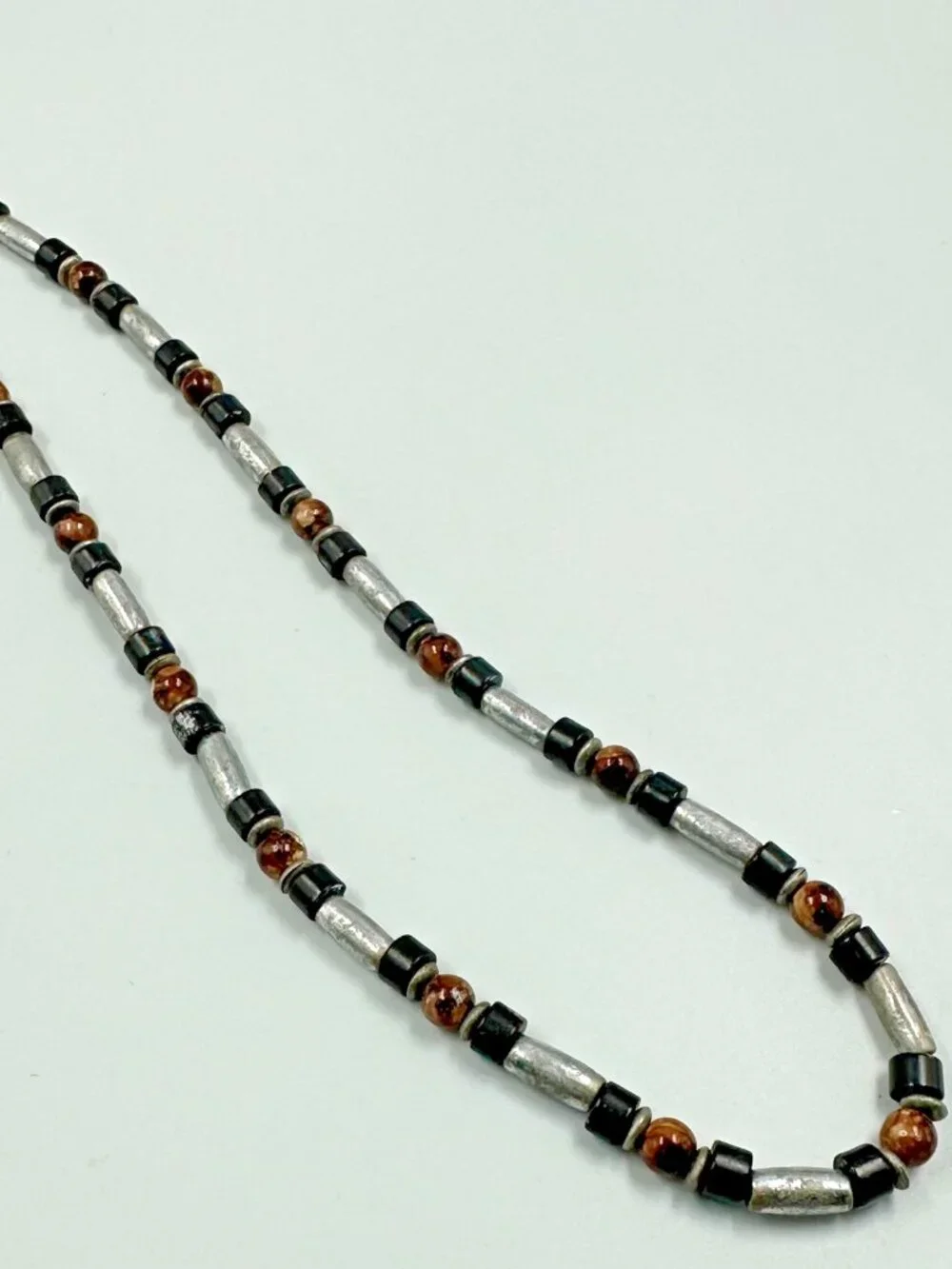 3/$30 Mens Necklace Silver Tone Tube Beads Black Brown Rustic Beaded 16 Inch